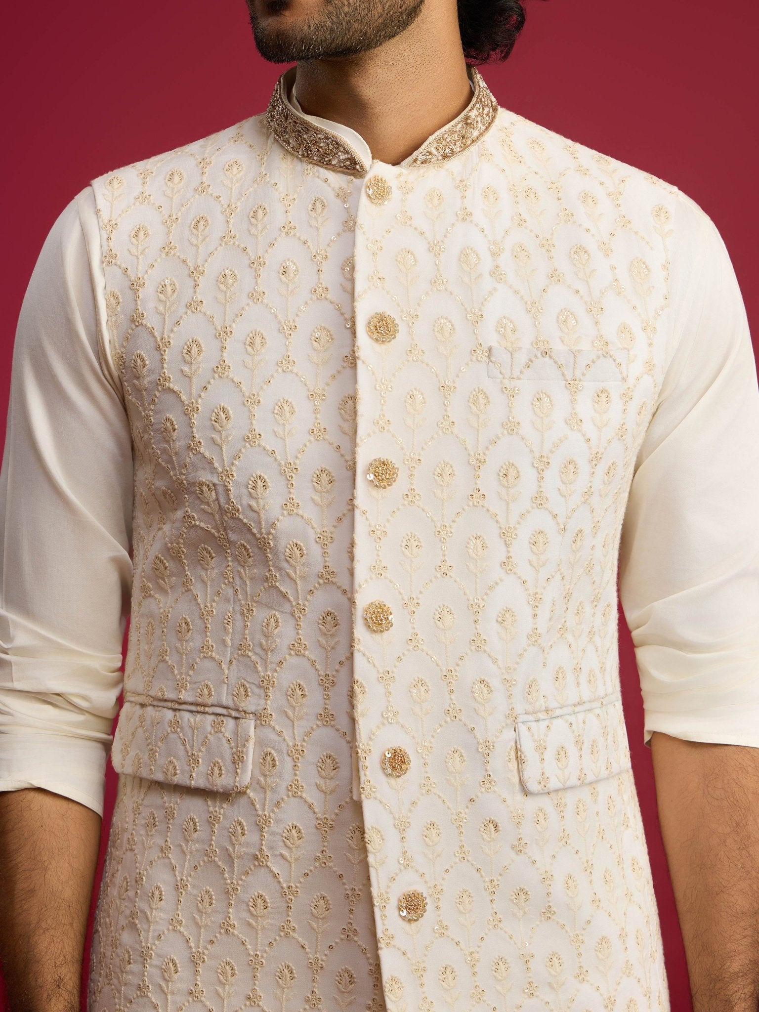 Men's Cream Embroidered Nehru Jacket Set with Fine Satin Kurta & Pant Style Pyjama