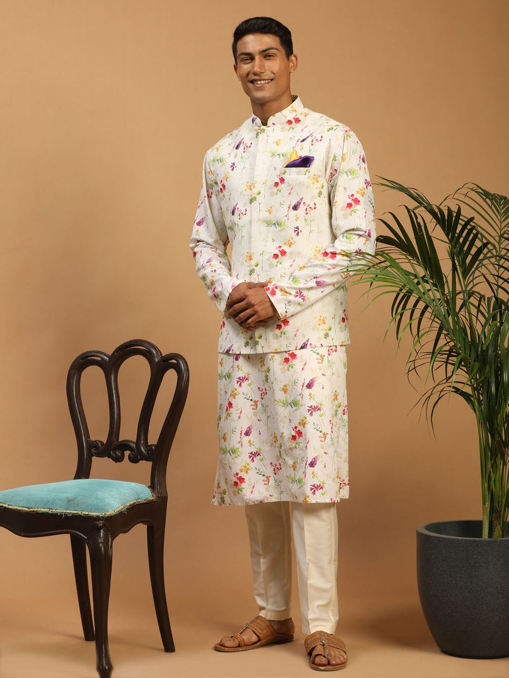 Men's Cream Floral Digital Print Nehru Jacket Kurta Pyjama Set