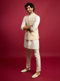 Men's Cream Floral Embroidered Nehru Jacket Set with Fine Satin Kurta & Pant Style Pyjama