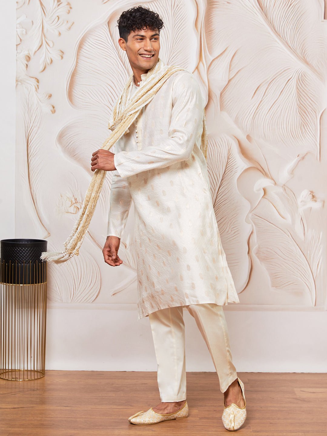 Men's Cream Gold Jacquard Silk Blend Kurta Pyjama Set with White Crushed Dupatta