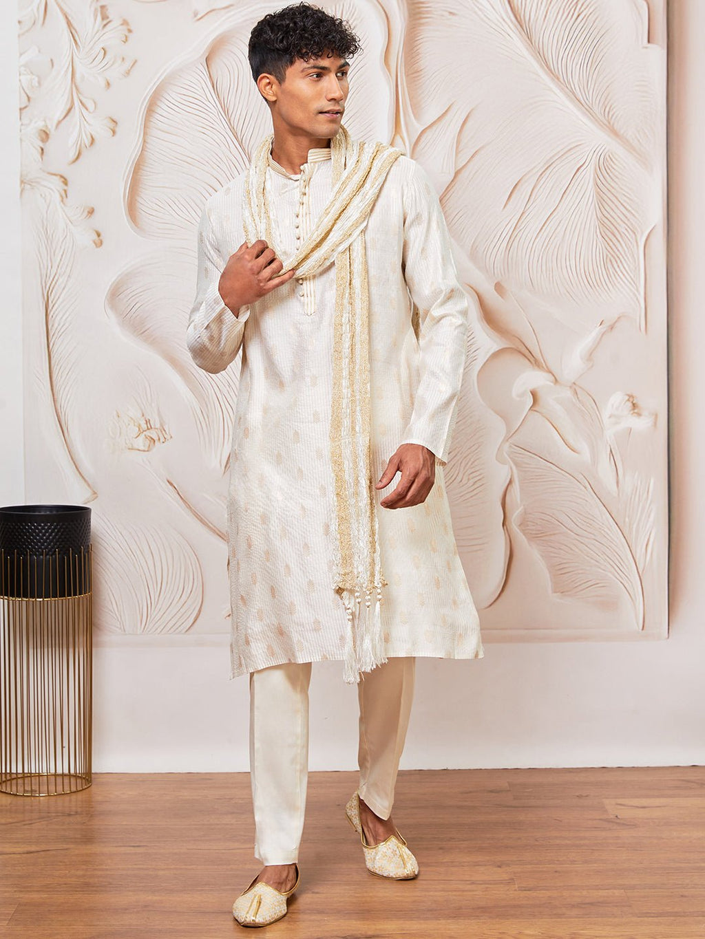 Men's Cream Gold Jacquard Silk Blend Kurta Pyjama Set with White Crushed Dupatta