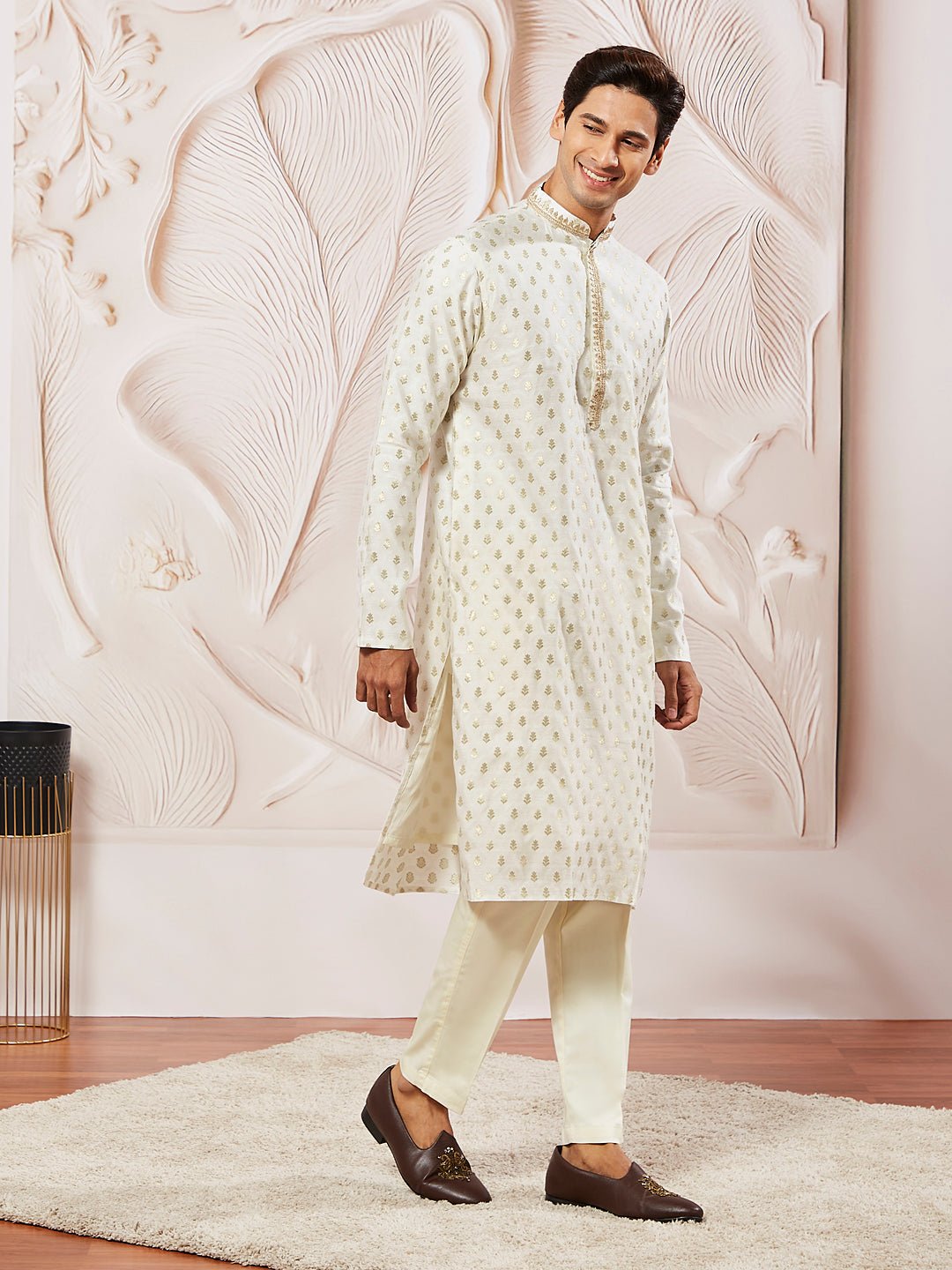 Men's Cream Jacquard Silk Blend Kurta Pyjama Set