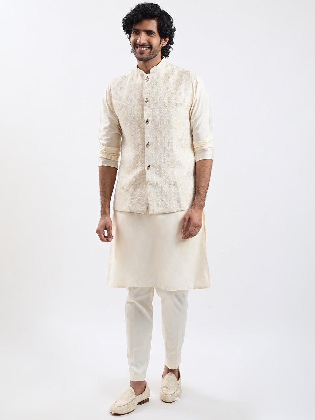 Men's Cream Kurta Pyjama Set with Gold Brocade Nehru Jacket