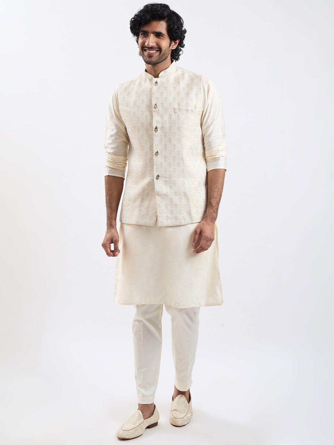 Men's Cream Kurta Pyjama Set with Gold Brocade Nehru Jacket