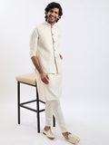 Men's Cream Kurta Pyjama Set with Gold Brocade Nehru Jacket