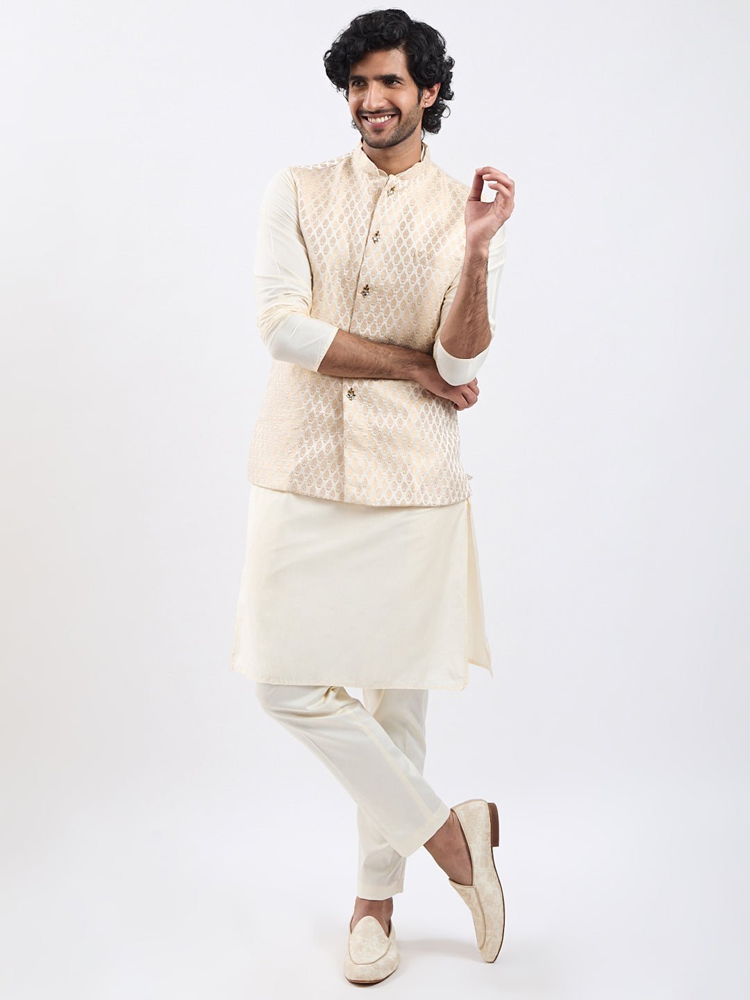 Men's Cream Kurta Pyjama Set with Gold Jacquard Nehru Jacket