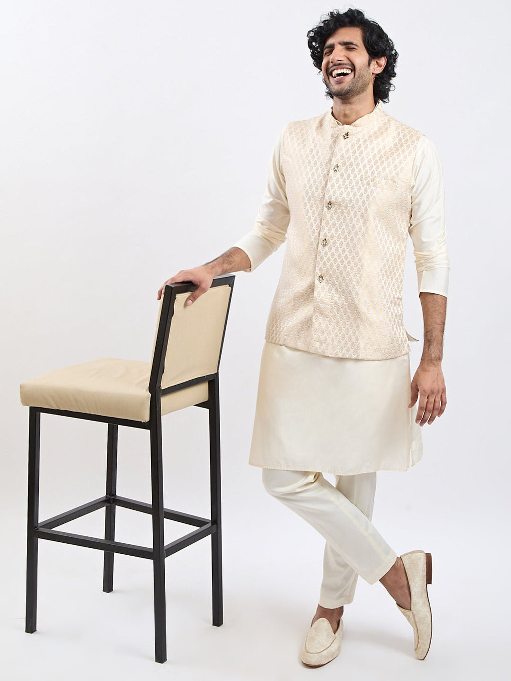 Men's Cream Kurta Pyjama Set with Gold Jacquard Nehru Jacket