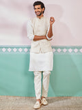 Men's Cream Kurta Pyjama Set with Off White Embroidered Nehru Jacket