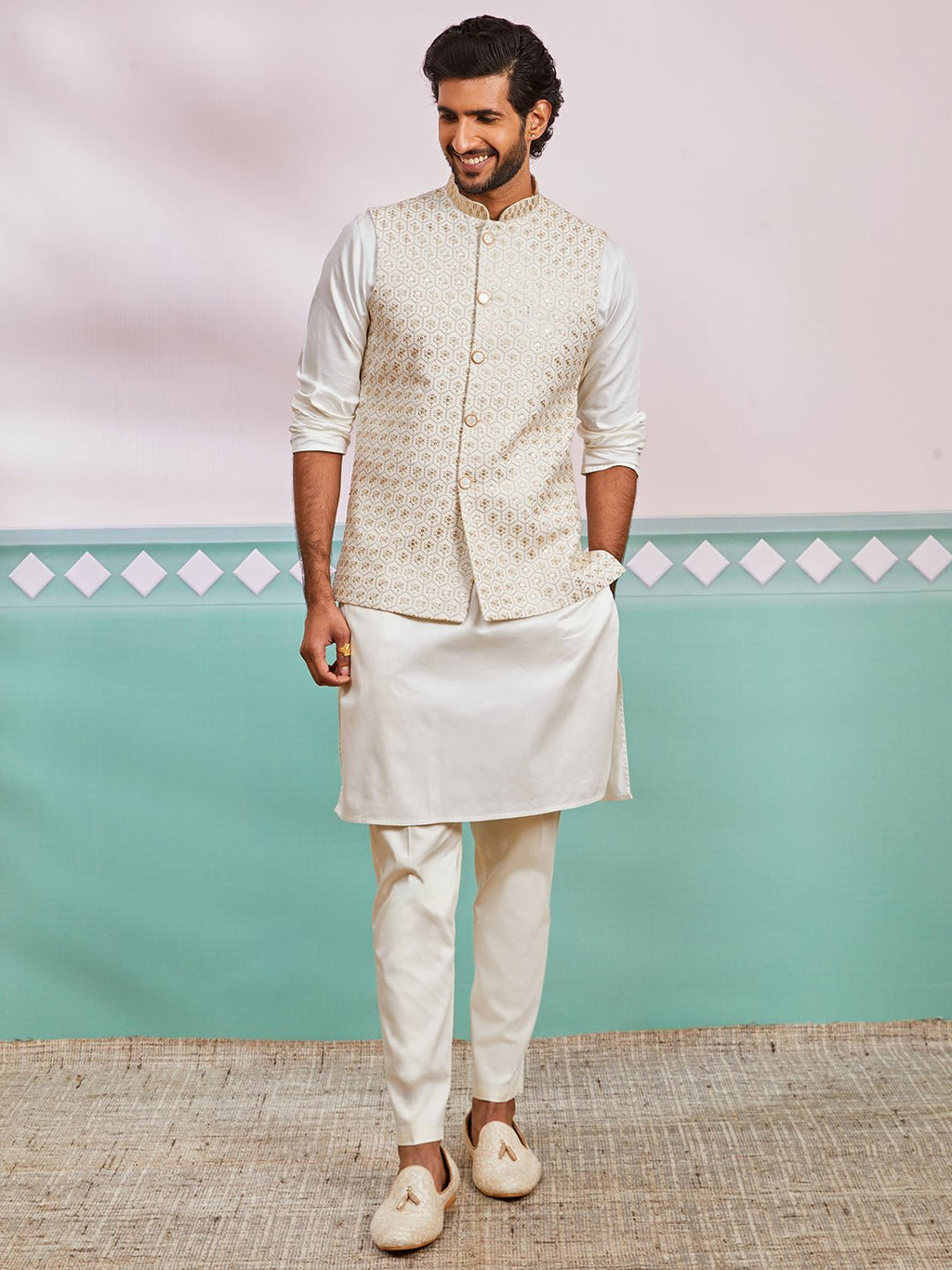 Men's Cream Kurta Pyjama Set with Off White Embroidered Nehru Jacket