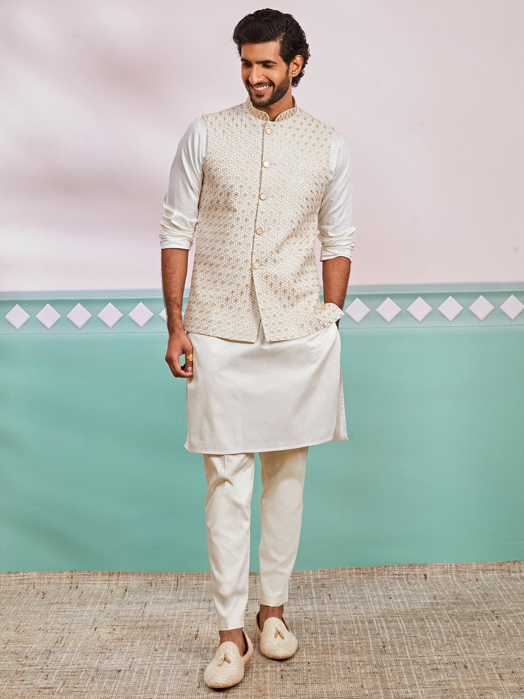 Men's Cream Kurta Pyjama Set with Off White Embroidered Nehru Jacket