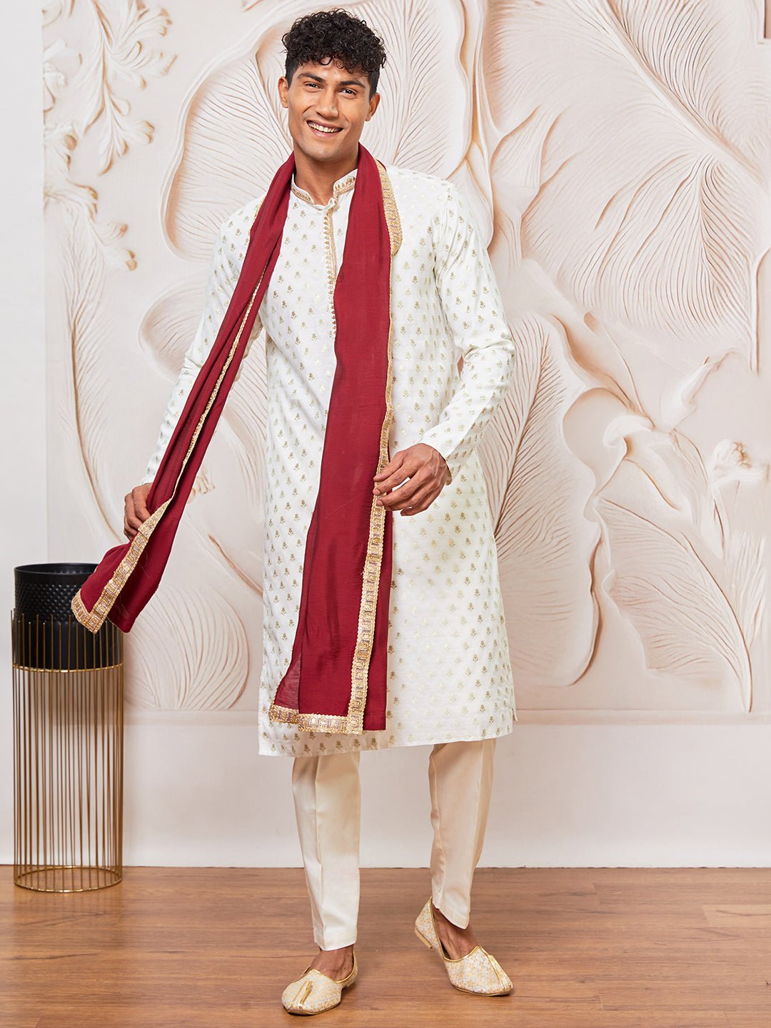 Men's Cream Kurta Pyjama with Embroidered Maroon Dupatta Set