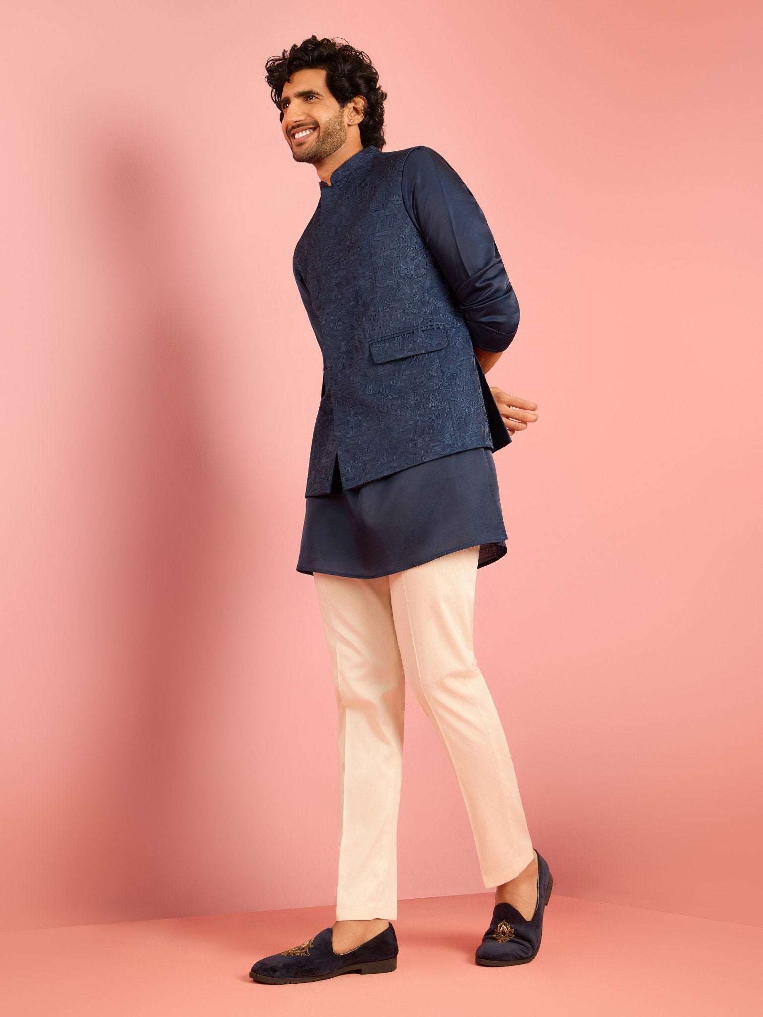 Men's Cream Silk Blend Floral Embroidered Nehru Jacket with Kurta Pyjama Set