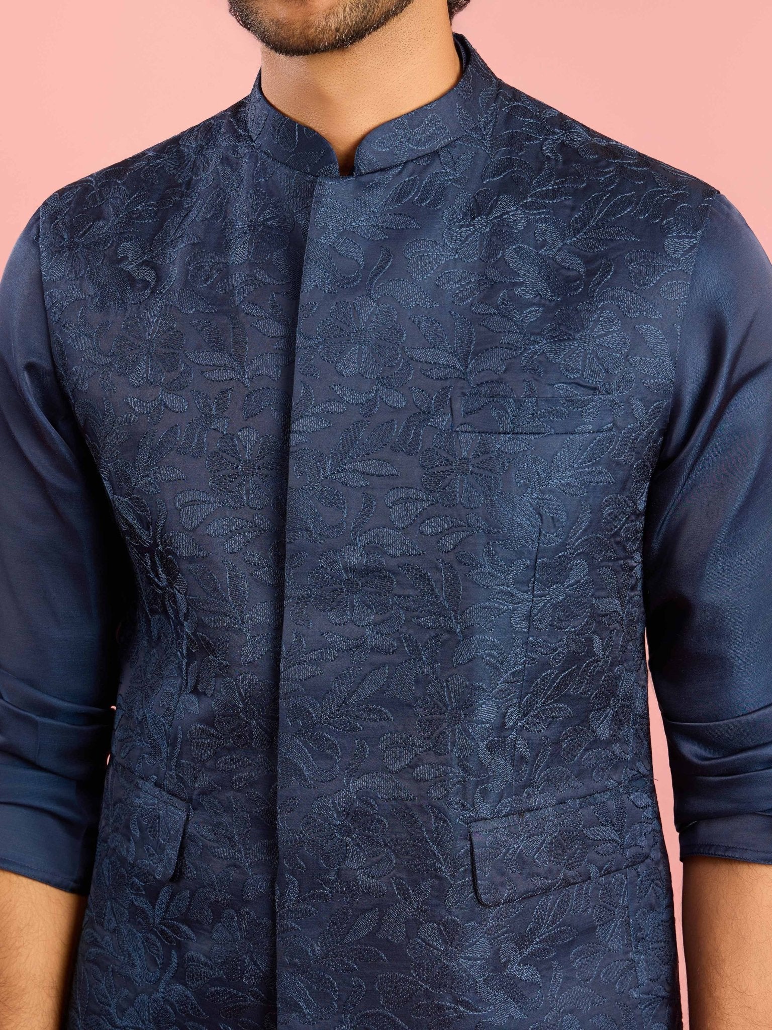 Men's Cream Silk Blend Floral Embroidered Nehru Jacket with Kurta Pyjama Set