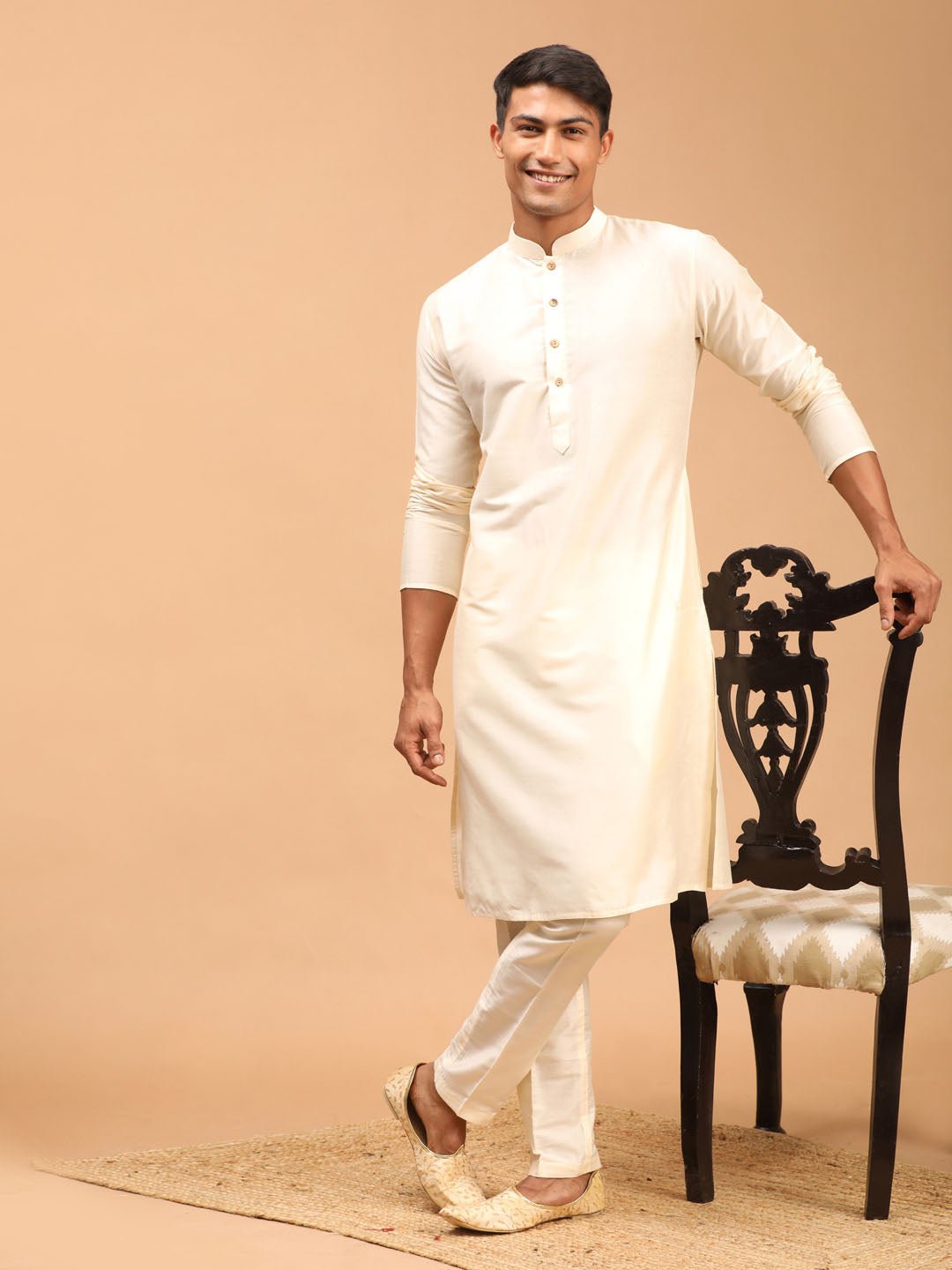 Men's Cream Silk Blend Kurta Pyjama Set