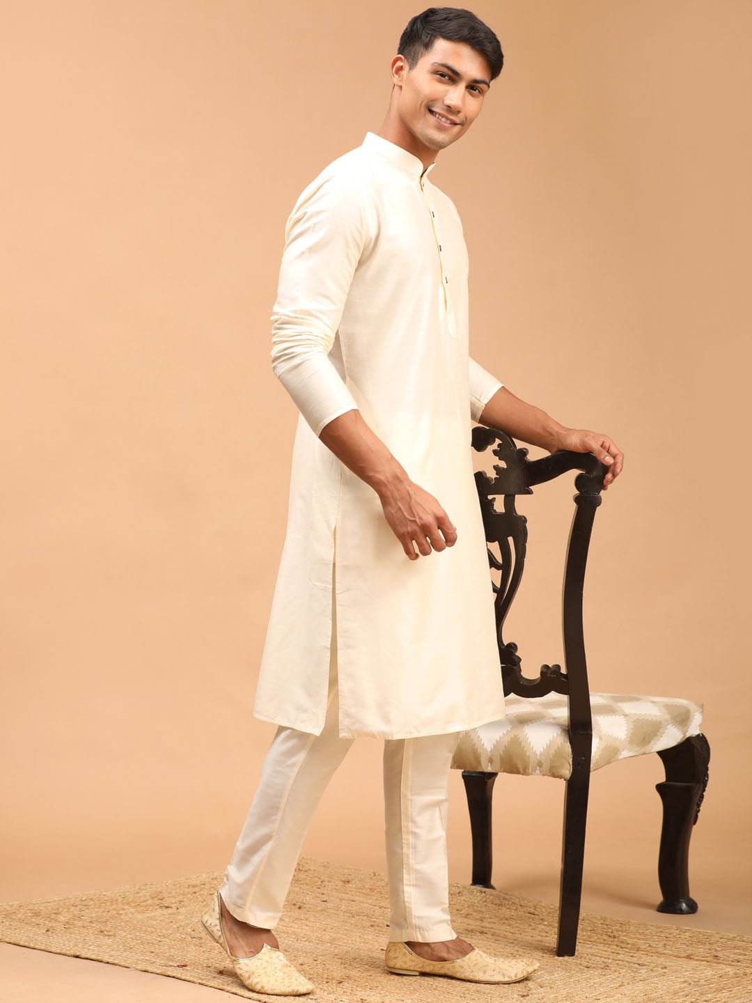 Men's Cream Silk Blend Kurta Pyjama Set