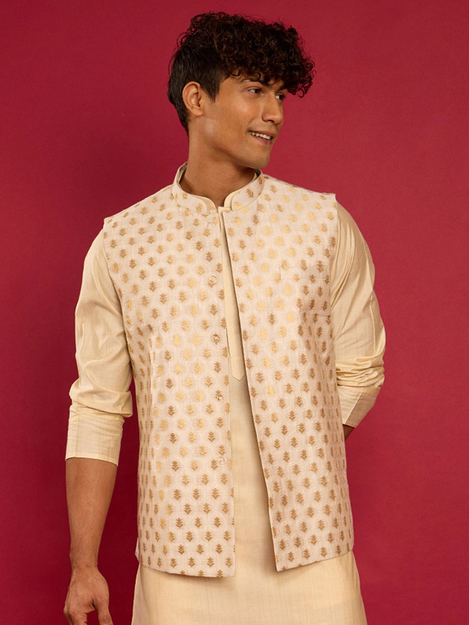 Men's Cream Silk Blend Nehru Jacket