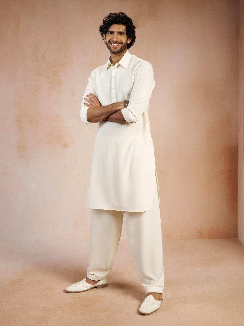 Men's Cream Solid Silk Blend Pathani Kurta with Patiala Pyjama Set