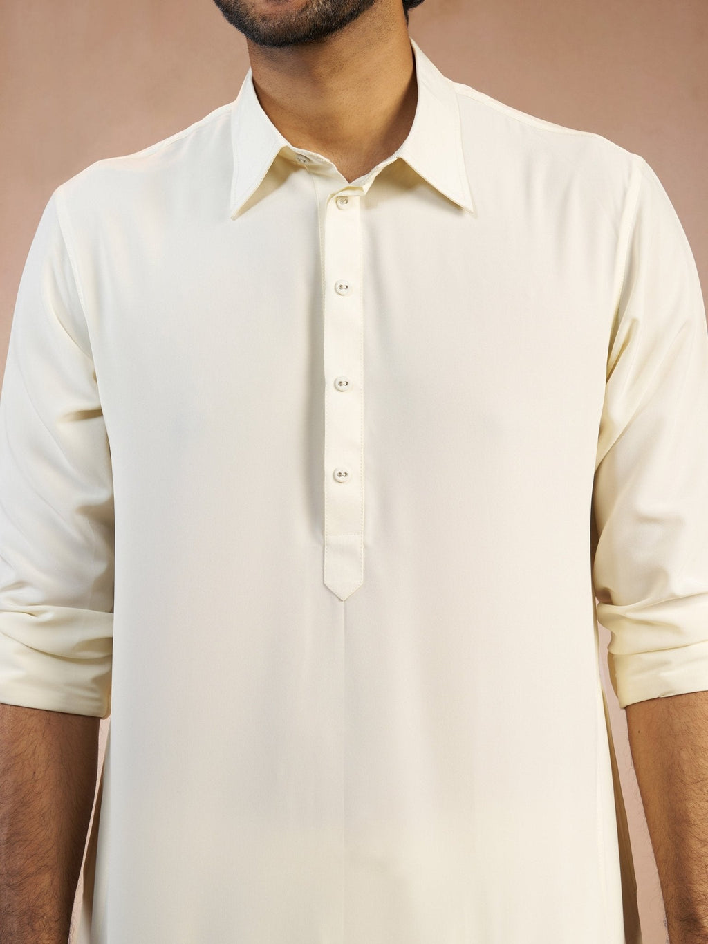 Men's Cream Solid Silk Blend Pathani Kurta with Patiala Pyjama Set