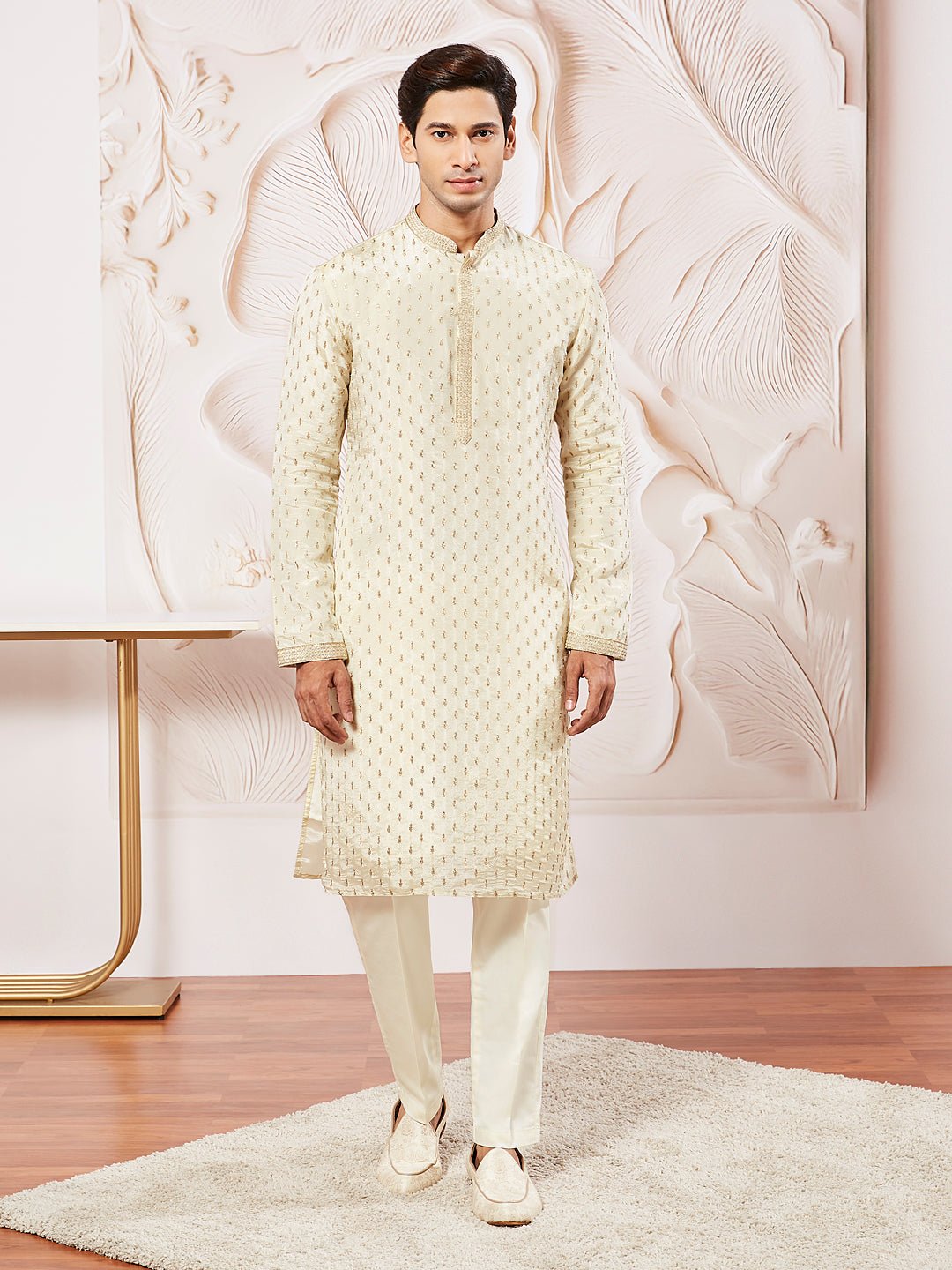 Men's Cream Tissue Silk Zari Embroidered Kurta with Satin Pyjama Set