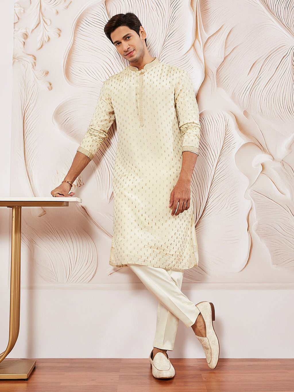 Men's Cream Tissue Silk Zari Embroidered Kurta with Satin Pyjama Set