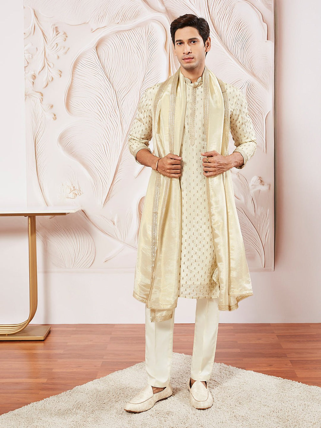 Men's Cream Tissue Silk Zari Kurta with Satin Pyjama and Lace Dupatta Set