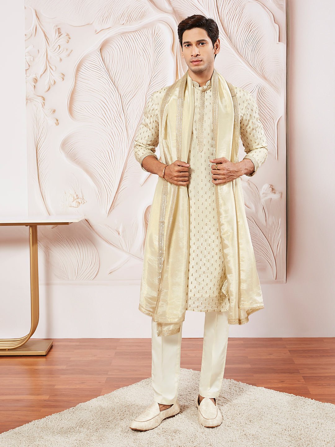 Men's Cream Tissue Silk Zari Kurta with Satin Pyjama and Lace Dupatta Set