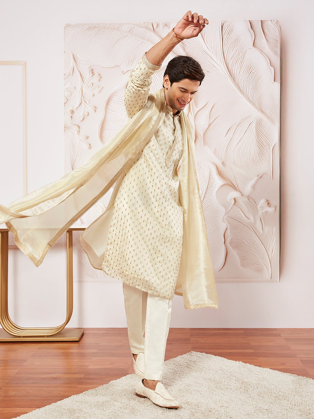 Men's Cream Tissue Silk Zari Kurta with Satin Pyjama and Lace Dupatta Set