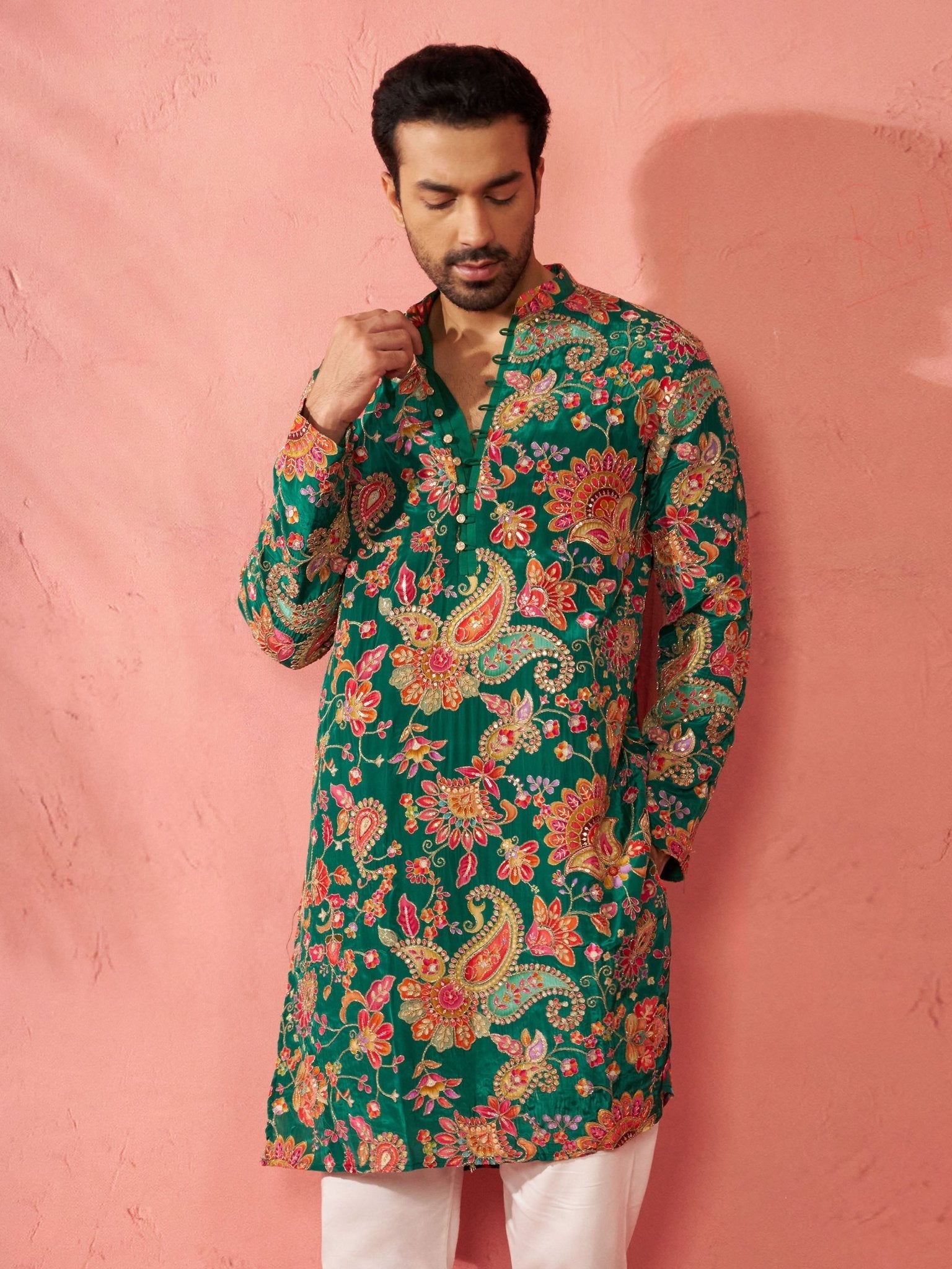 Men’s Green Crepe Zari Embroidered Mandarin Collar Kurta with Digital Floral Print