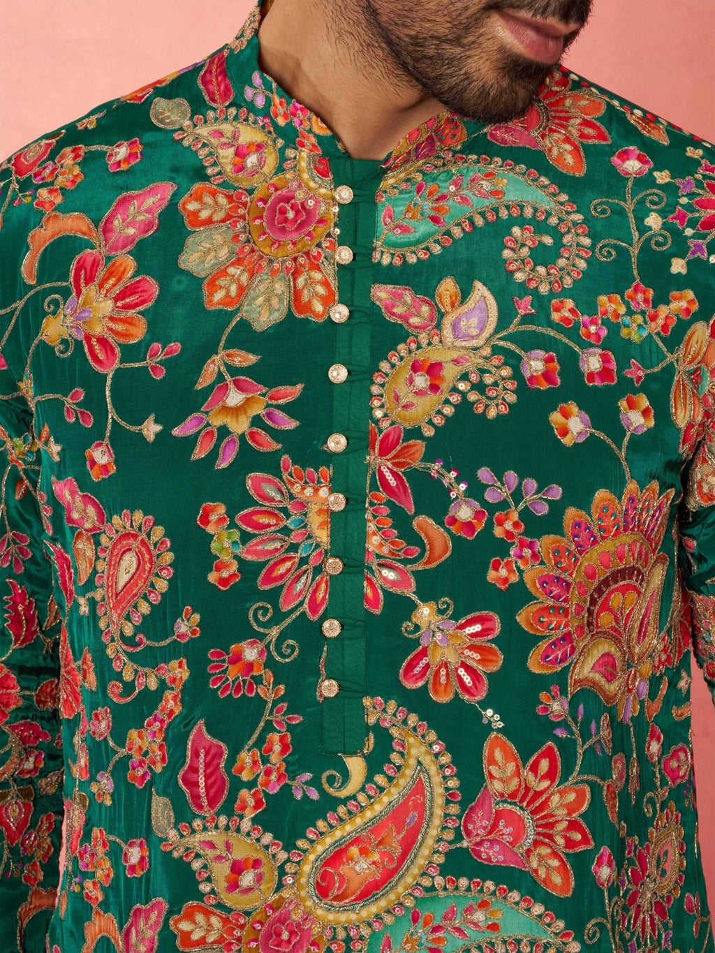 Men’s Green Crepe Zari Embroidered Mandarin Collar Kurta with Digital Floral Print