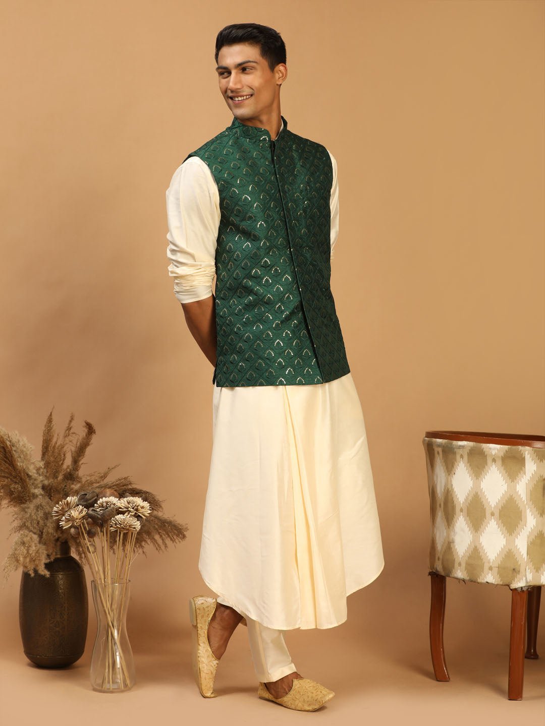 Men's Green Embroidered Nehru Jacket Set with Cream Self Design Kurta & Viscose Pyjama