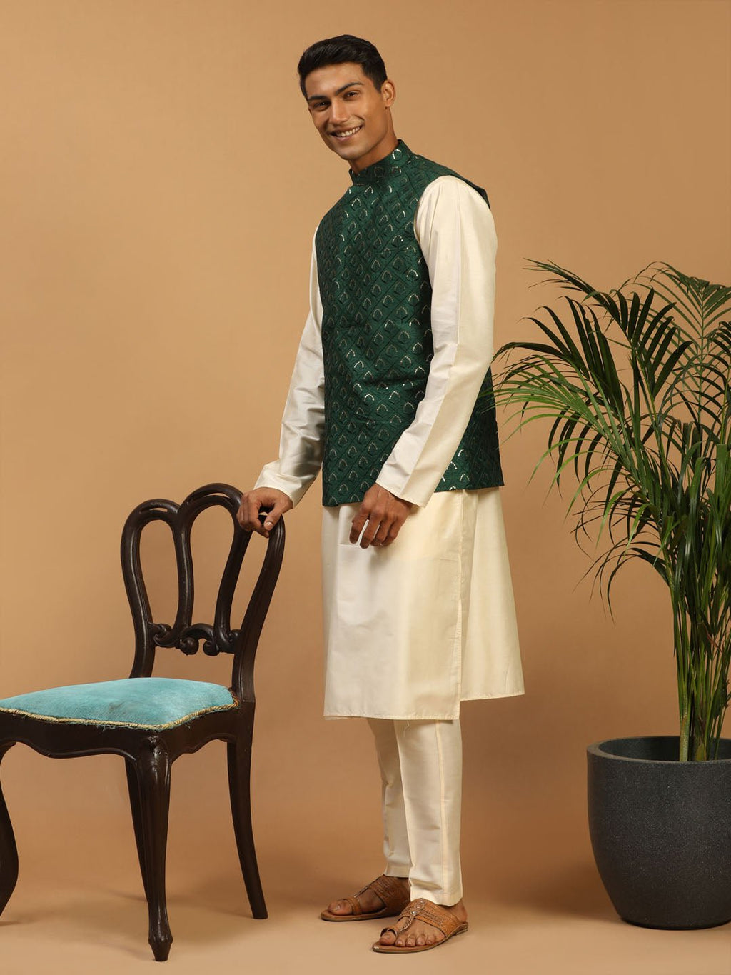 Men's Green Embroidered Nehru Jacket Set with Cream Silk Blend Kurta & Viscose Pyjama