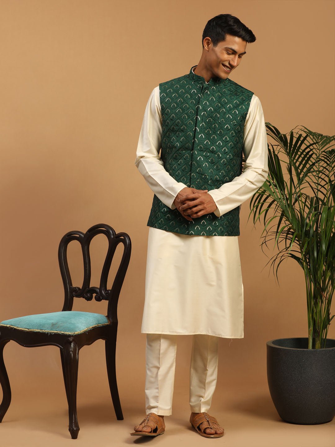 Men's Green Embroidered Nehru Jacket Set with Cream Silk Blend Kurta & Viscose Pyjama