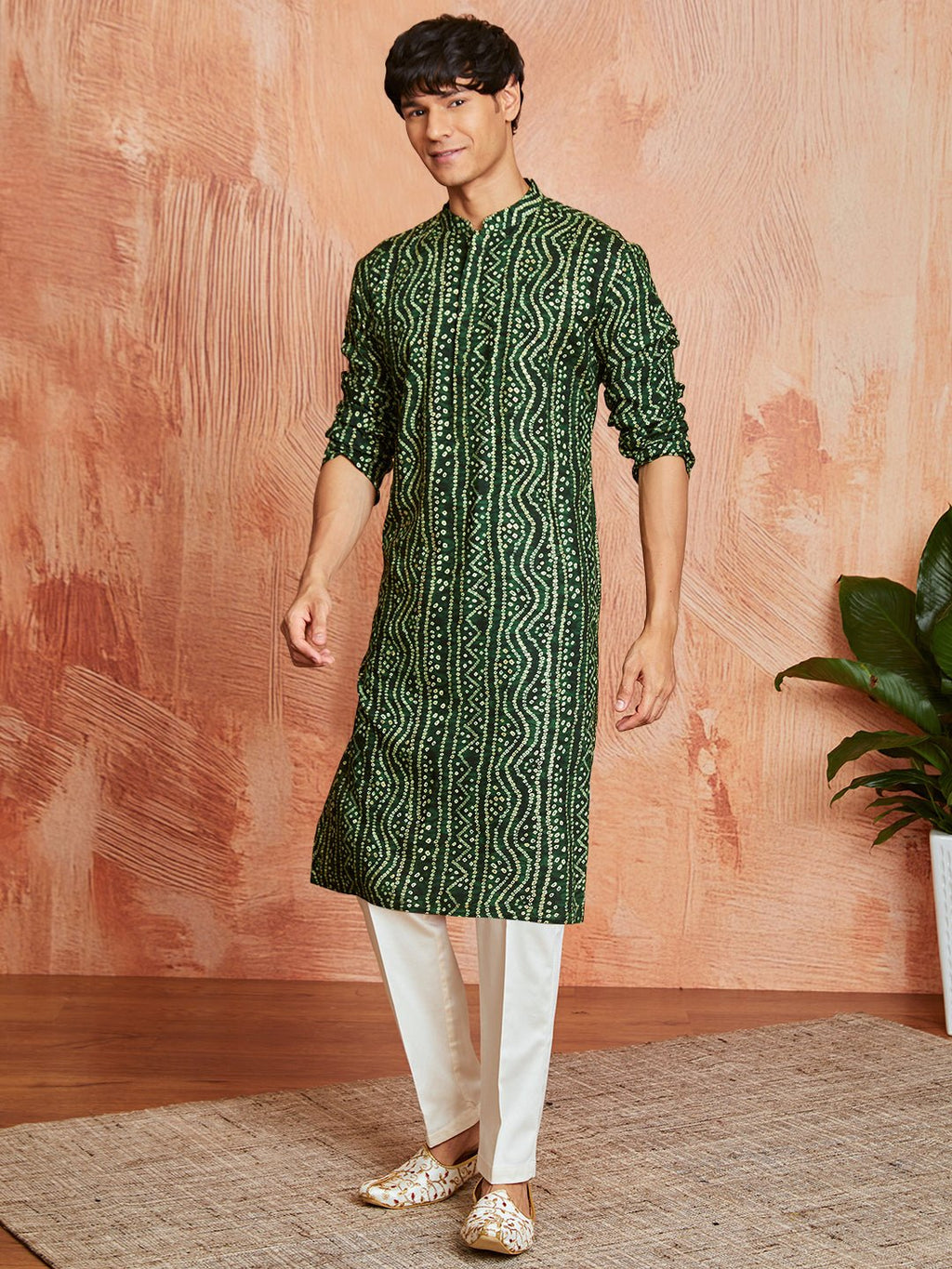 Men's Green Foil Bandhani Digital Print Rayon Kurta with Cream Viscose Pyjama