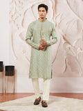 Men's Green Jacquard Silk Blend Kurta Pyjama Set
