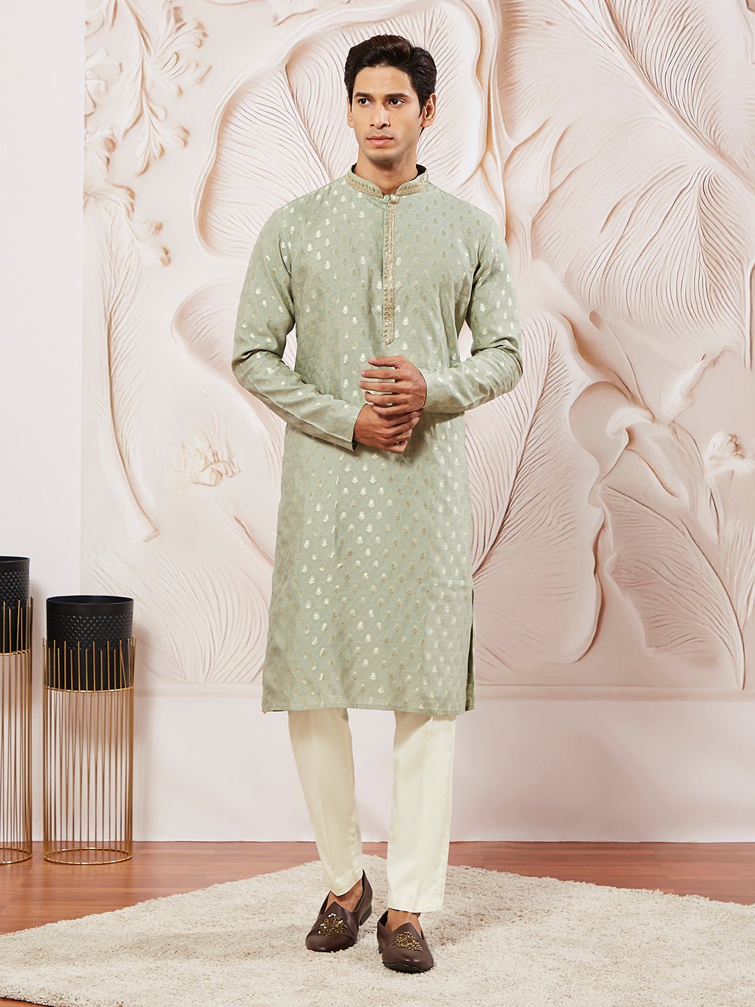 Men's Green Jacquard Silk Blend Kurta Pyjama Set