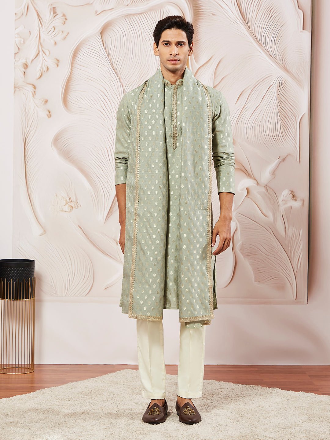 Men's Green Kurta Pyjama with Woven Dupatta Set