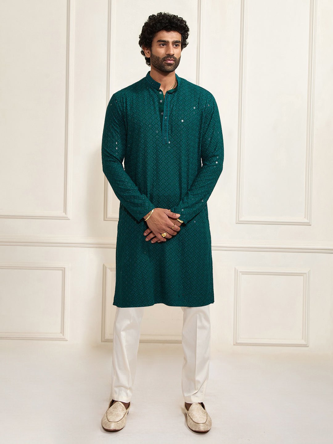 Men’s Green Shifli Sequin Embroidered Kurta with cream Pyjama Set