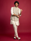 Men's Grey Chikankari Nehru Jacket with Cream Satin Kurta Pant Set