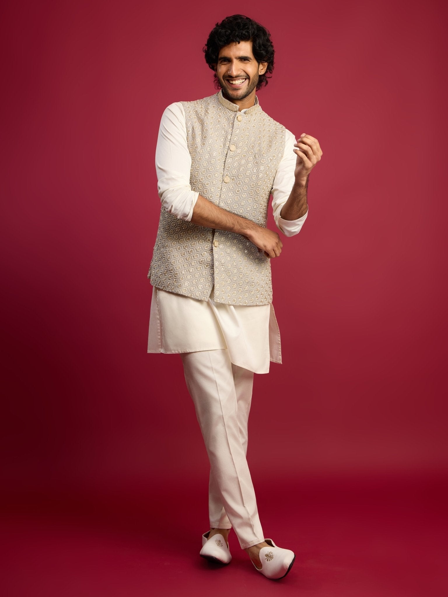 Men's Grey Chikankari Nehru Jacket with Cream Satin Kurta Pant Set