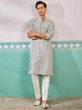 Men's Grey Chikankari Rayon Kurta with Cream Fine Satin Pyjama