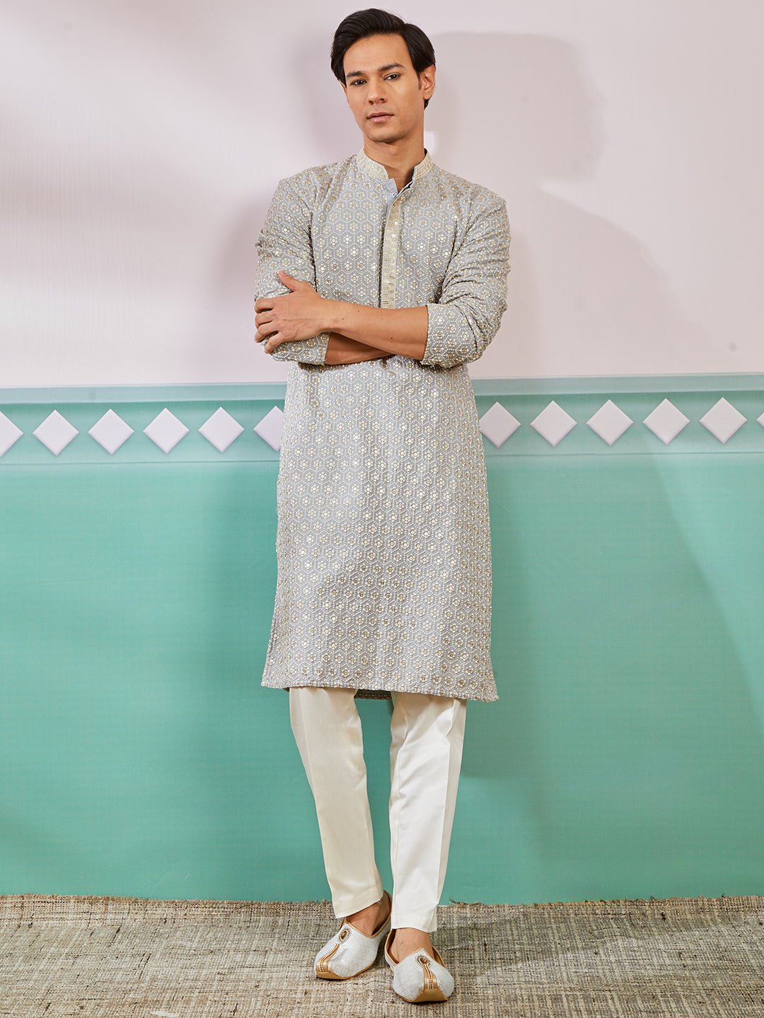 Men's Grey Chikankari Rayon Kurta with Cream Fine Satin Pyjama