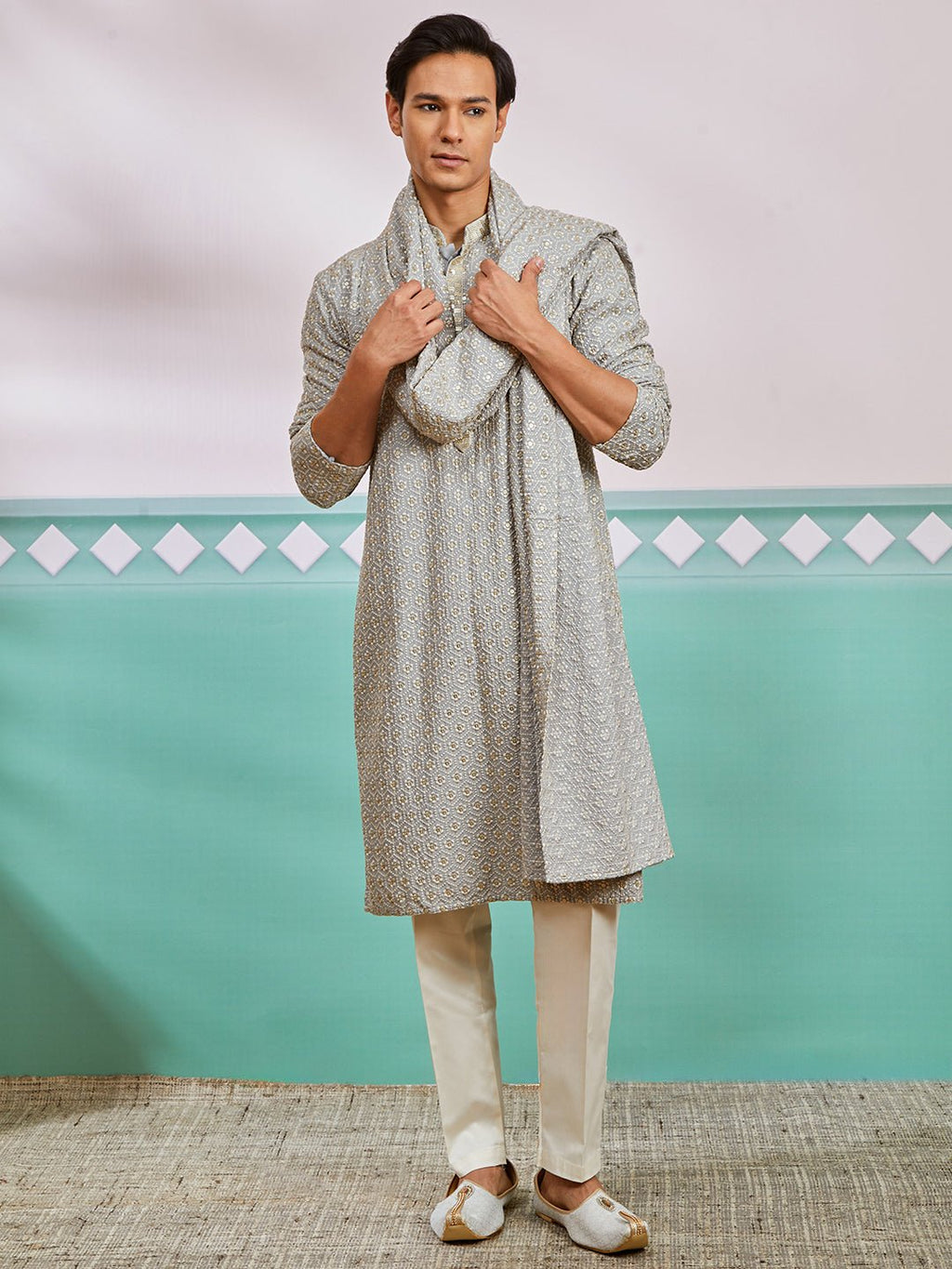 Men's Grey Chikankari Rayon Kurta with Cream Pyjama & Grey Embroidered Dupatta