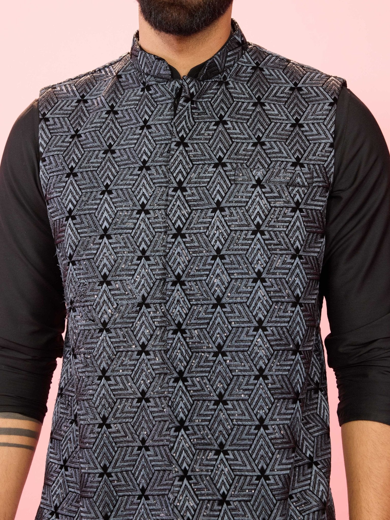 Men's Grey Velvet Thread & Sequin Geometric Embroidered Nehru Jacket