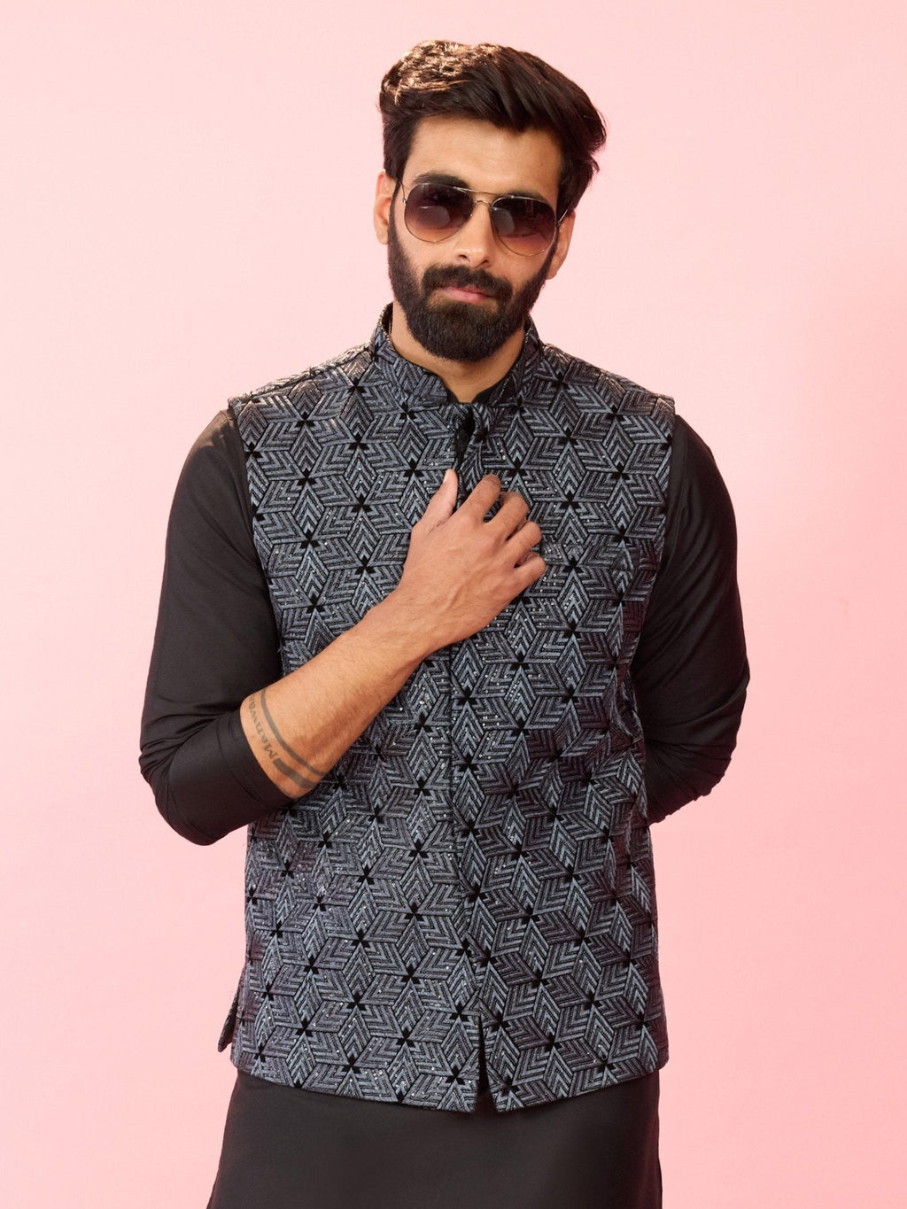 Men's Grey Velvet Thread & Sequin Geometric Embroidered Nehru Jacket