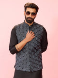 Men's Grey Velvet Thread & Sequin Geometric Embroidered Nehru Jacket