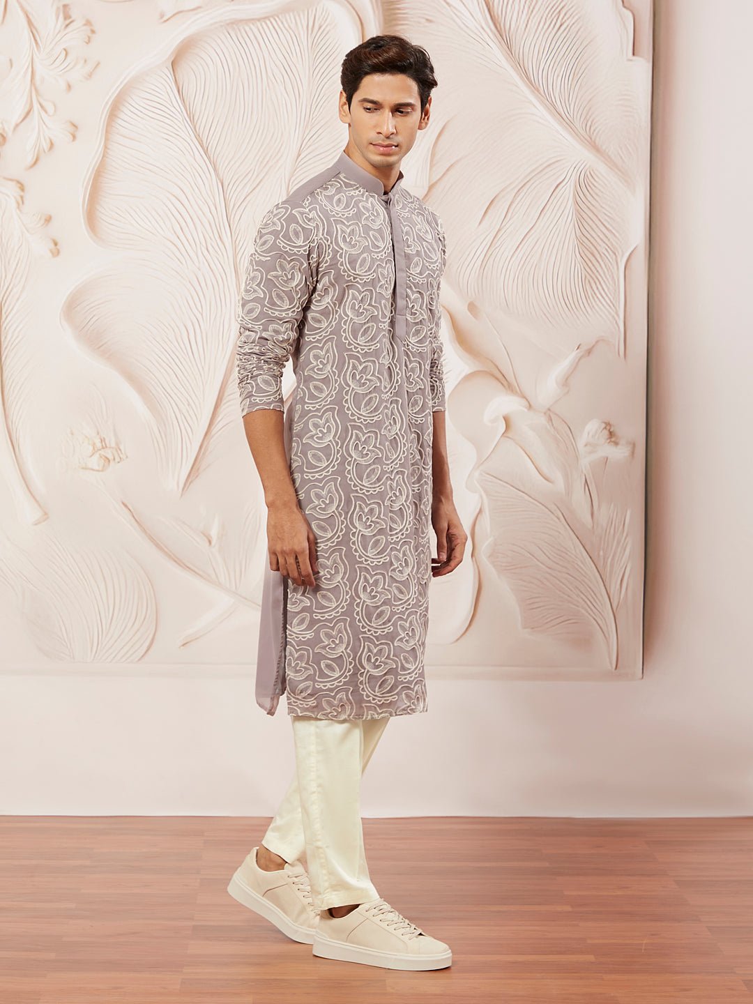 Men's Lavender Embroidered Fox Georgette Kurta Pyjama Set