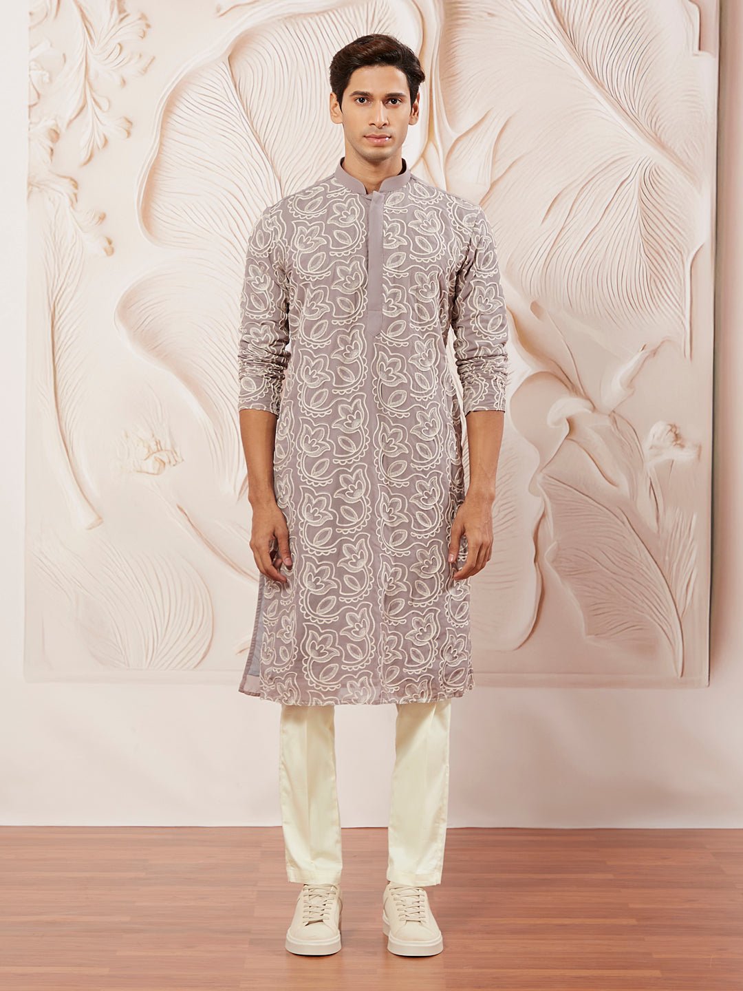 Men's Lavender Embroidered Fox Georgette Kurta Pyjama Set