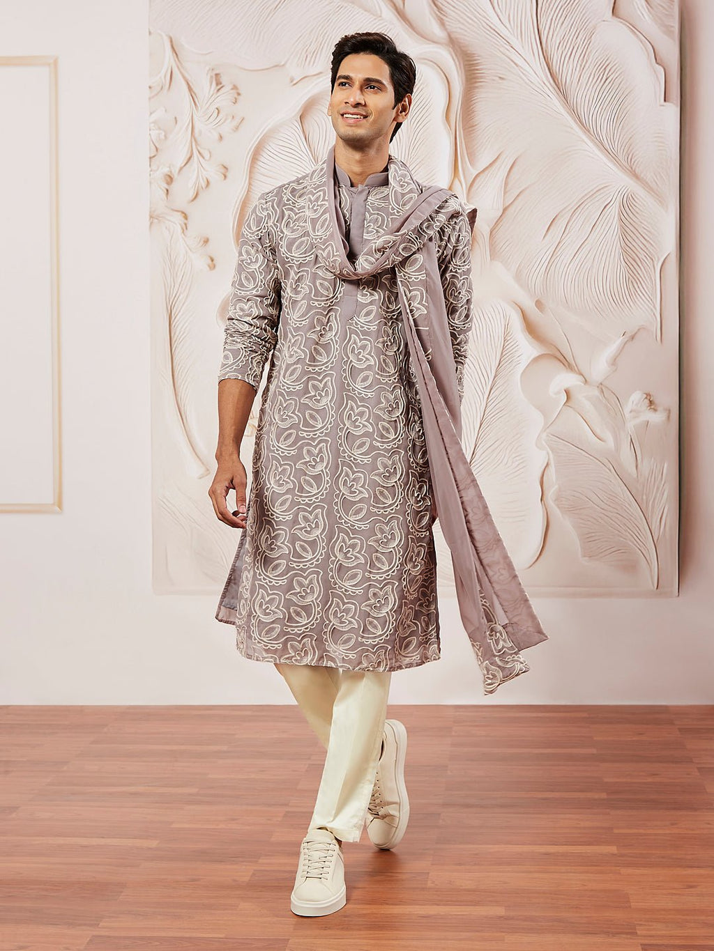 Men's Lavender Floral Embroidered Georgette Kurta with Satin Pyjama and Dupatta Set