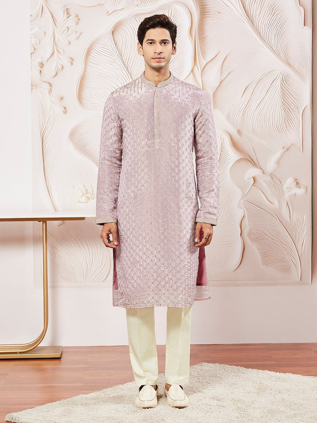Men's Lavender Tissue Silk Zari Embroidered Kurta with Satin Pyjama Set
