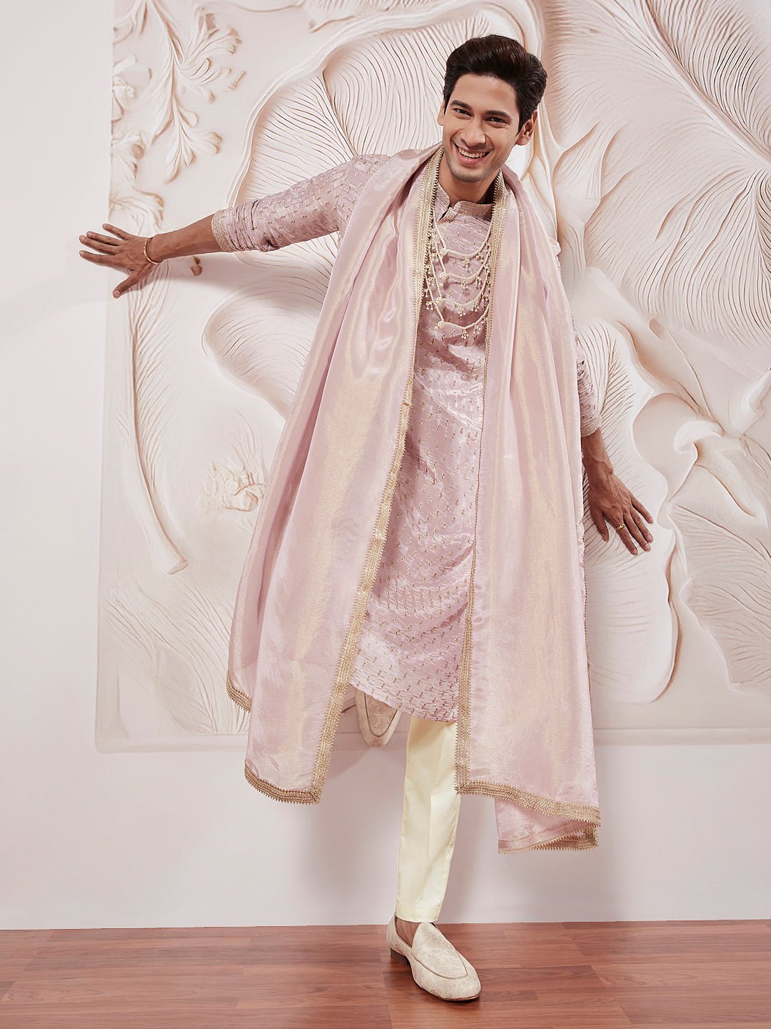 Men's Lavender Tissue Silk Zari Kurta with Satin Pyjama and Lace Dupatta Set